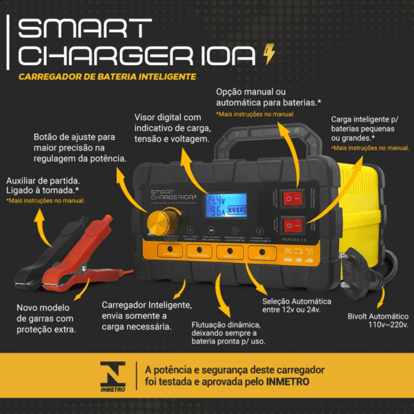 Carregador de Bateria Automotivo 10A Inteligente – Bivolt – 12v e 24V – Smart Charger